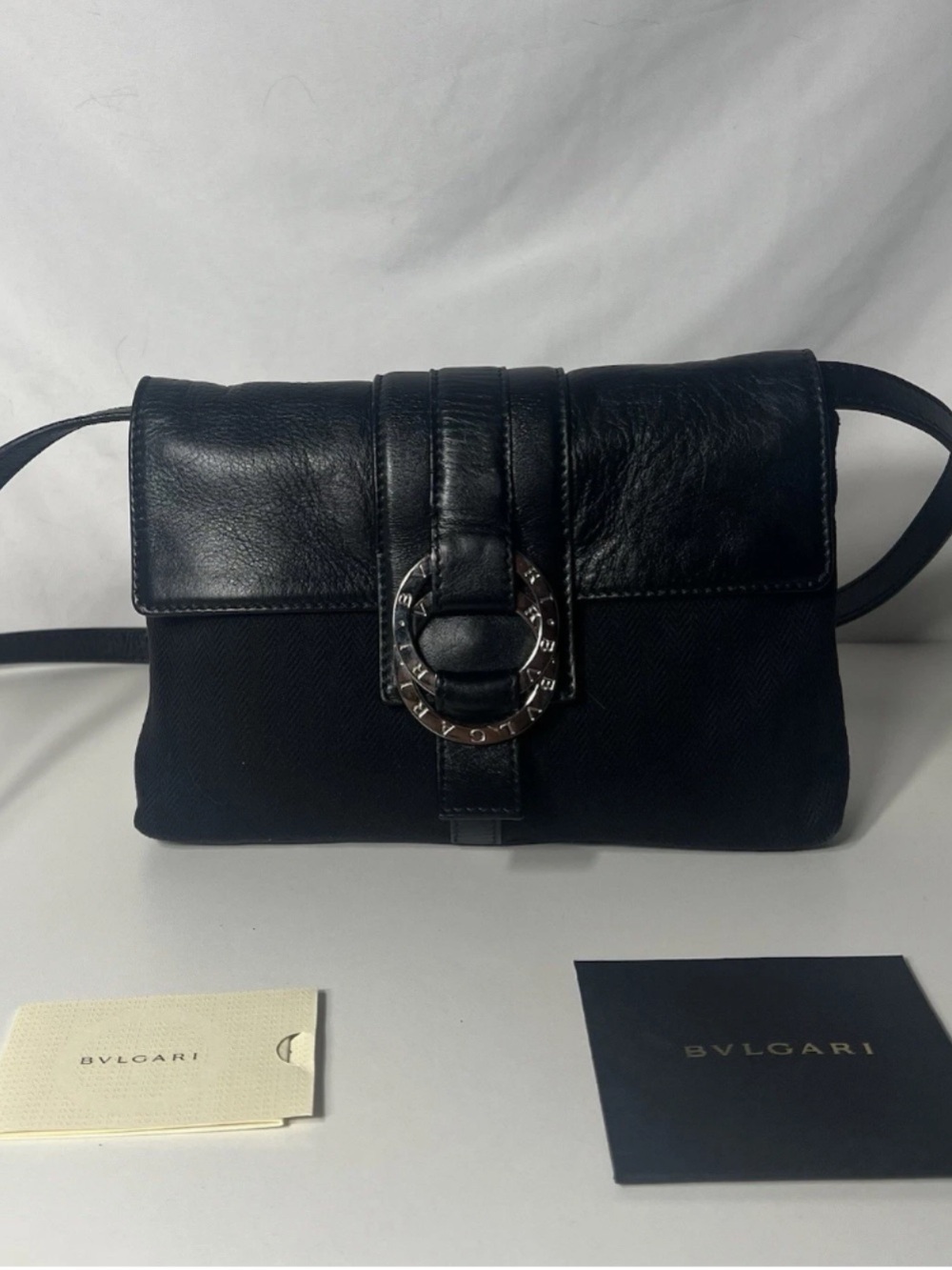 Woman’s Logo Mania Bvlgari 34024 shoulder bag in black leather/Canvas silver
